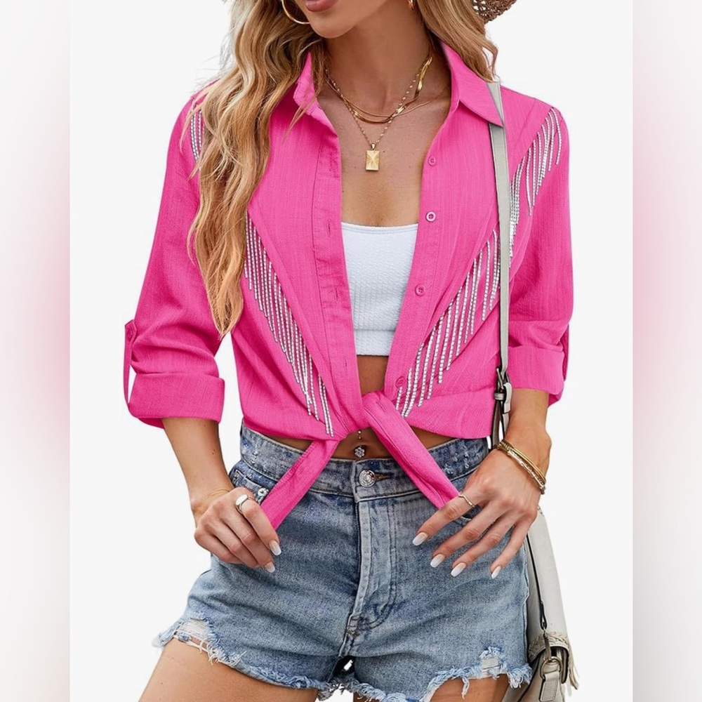 Pink Button-Up Shirt with Rhinestone Detail